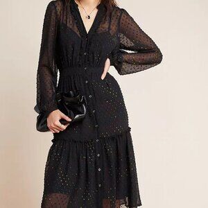 Anthropologie Audrey Clip Dot shirt dress in black sheer fabric